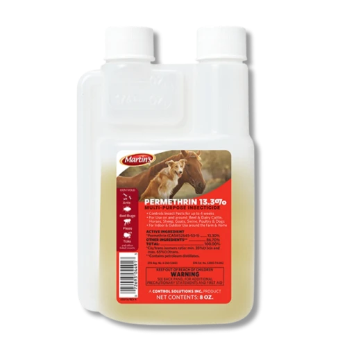 Permethrin 13.3% is a multi-functional insecticide that controls many insects, including bed bugs, fleas, and ticks. It provides a residual effect for up to 4 weeks and can be used directly on various livestock animals.