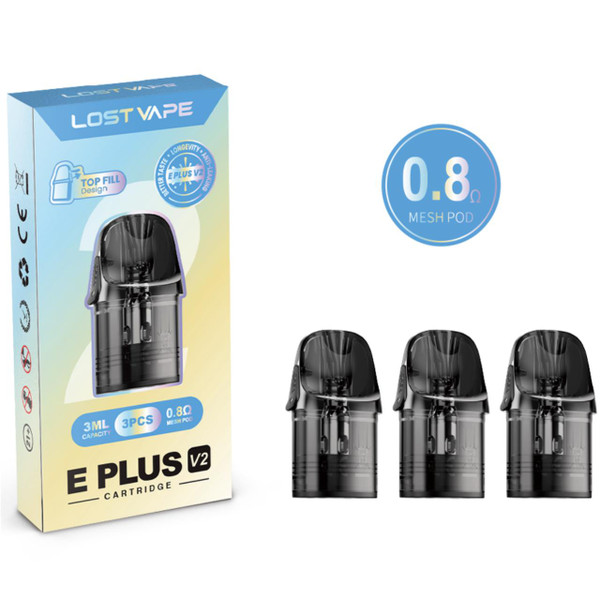 Lost Vape E Plus Replacement Pod V2 - 3PK 0.8 OHMS (3ML - Top Fill)