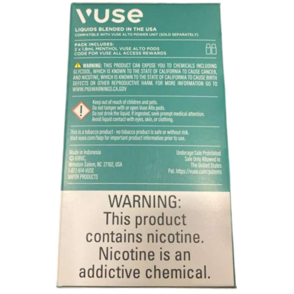 Vuse Alto Prefilled Replacement Pod 1.8ML - 2.4% - Pack of 2 Menthol Back
