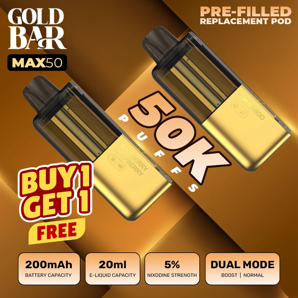 Gold Bar Max Pre-filled Replacement Pod (50K Puffs) - Buy 1 Get 1 Free