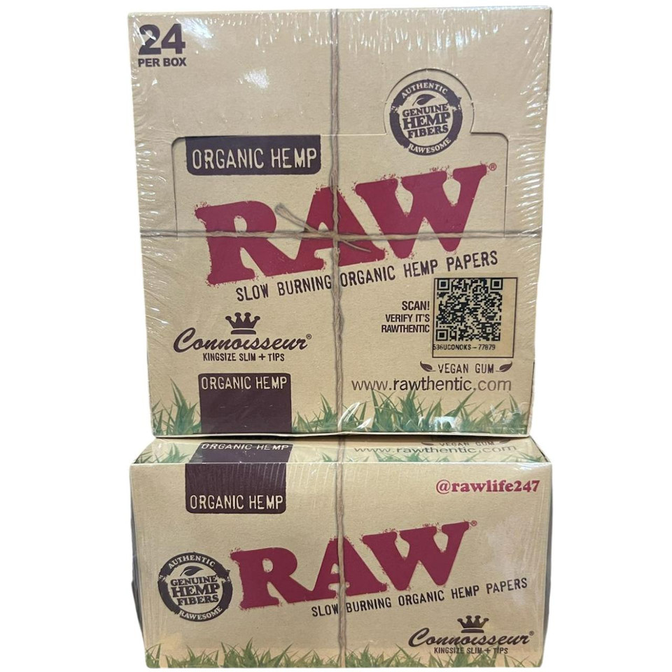 RAW Rolling Papers 24PK - King Size Slim Organic Hemp with Connoisseur Tips