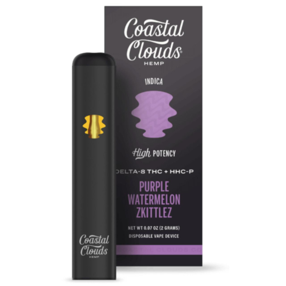 Coastal Clouds High Potency D8+THC+HHC-P Live Resin Disposable 2G Purple Watermelon Zkittlez Indica