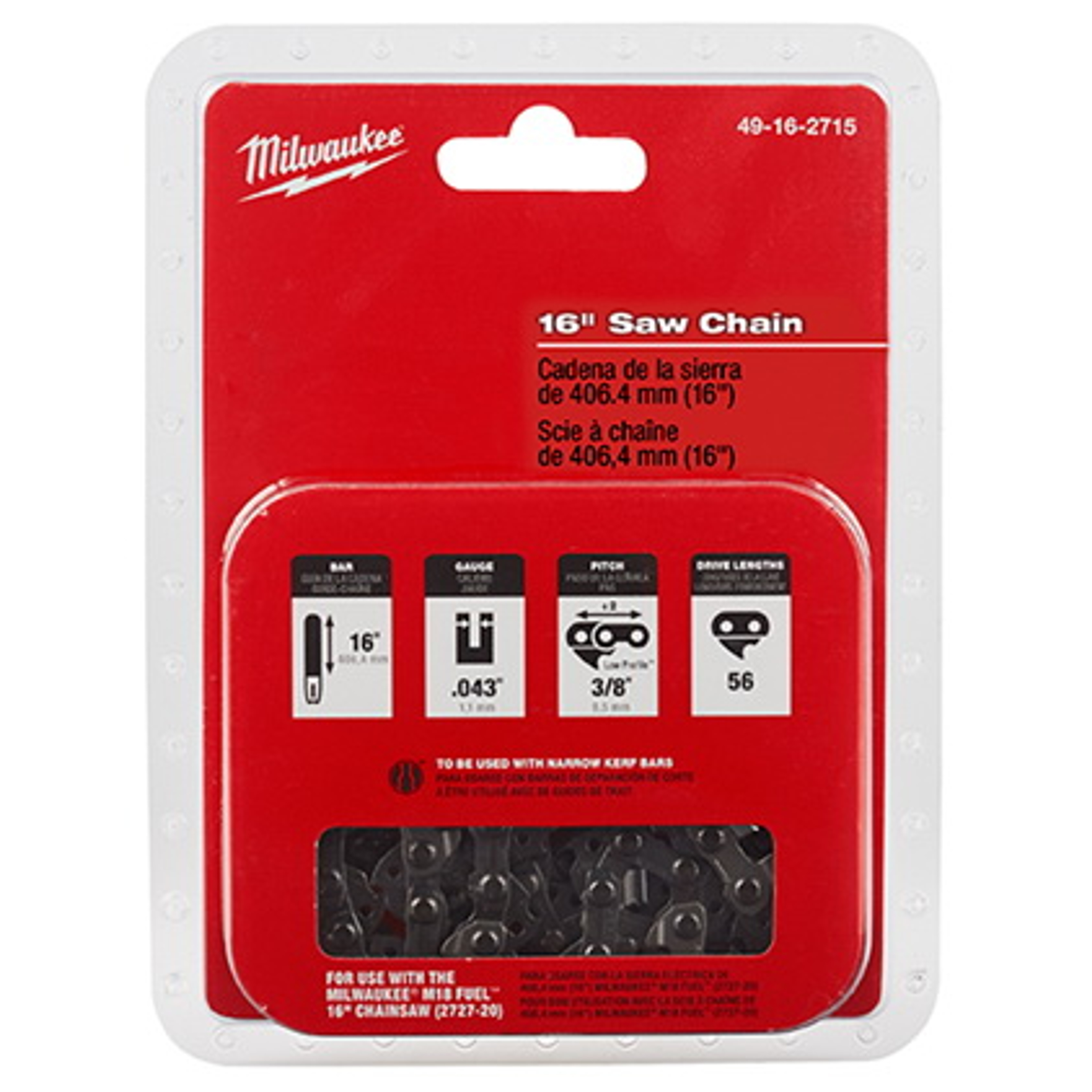 Milwaukee 49-16-2715 Chainsaw Chain, 16 in L Bar, 0.043 in Gauge, 3/8 in TPI/Pitch, 56-Link