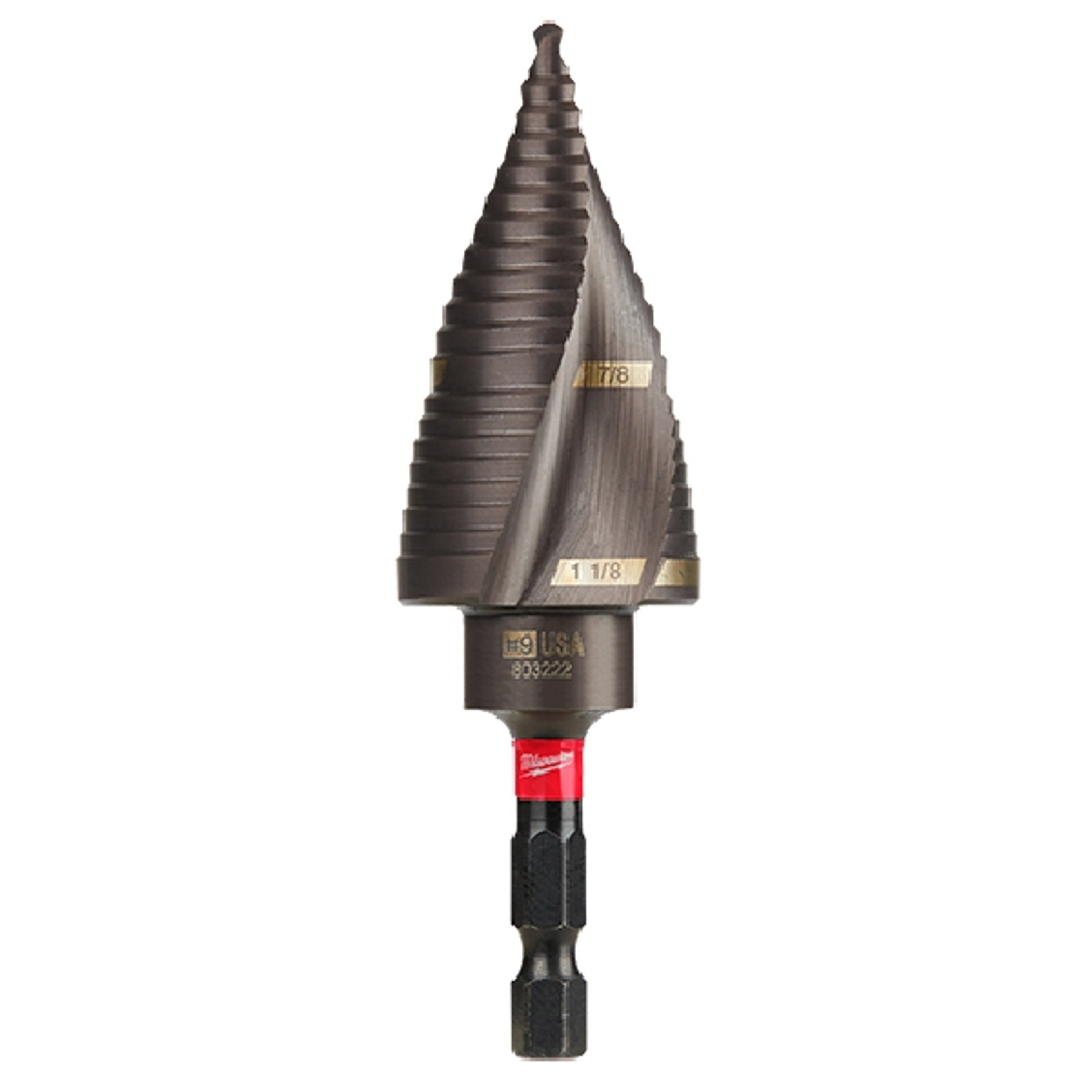 Milwaukee SHOCKWAVE Impact Duty 48-89-9249 Step Drill Bit, 7/8 to 1-1/8 in Dia, Spiral Flute, 2-Flute, Hex Shank