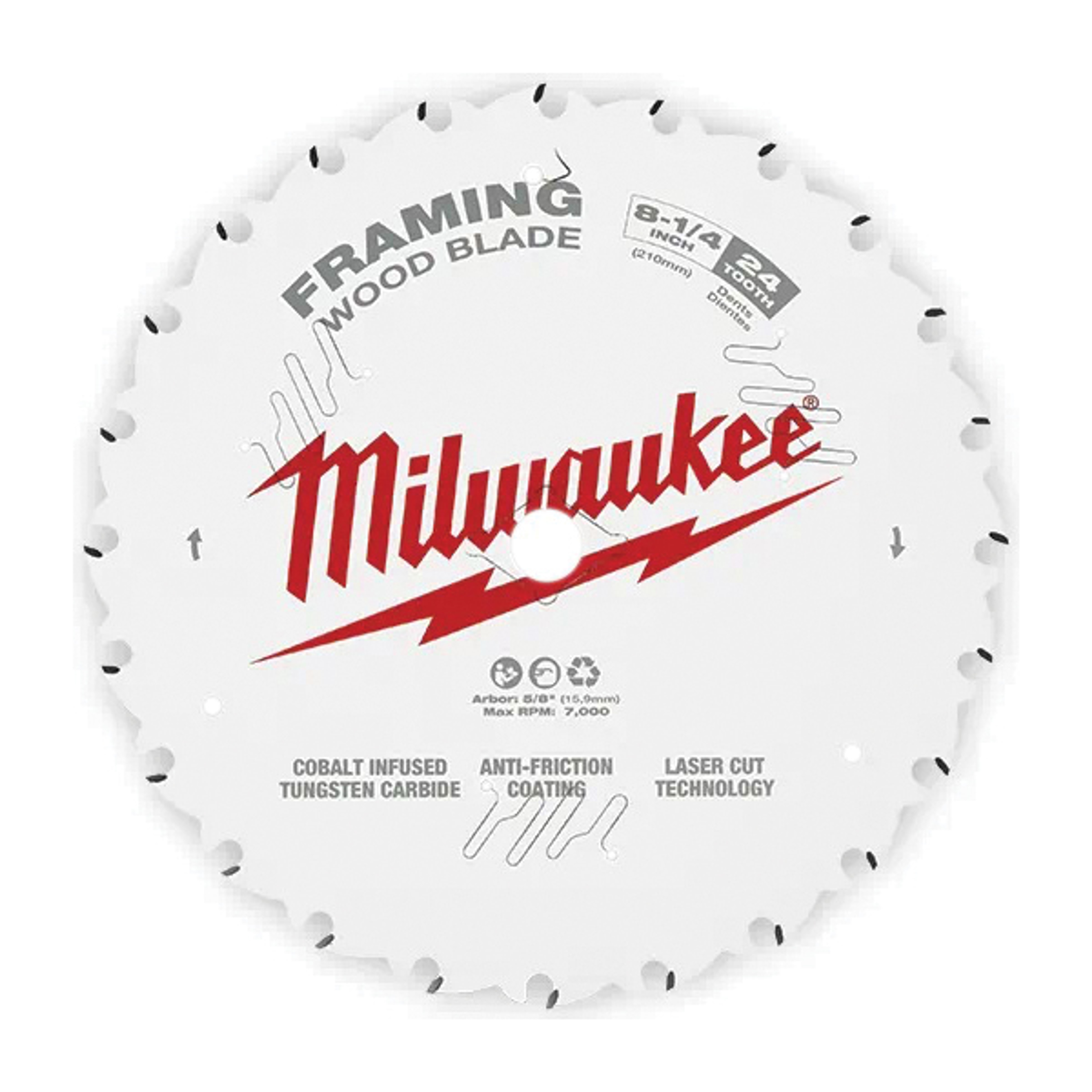 Milwaukee 48-40-0820 Circular Saw Blade, 8-1/4 in Dia, 5/8 in Arbor, 24-Teeth, Carbide Cutting Edge