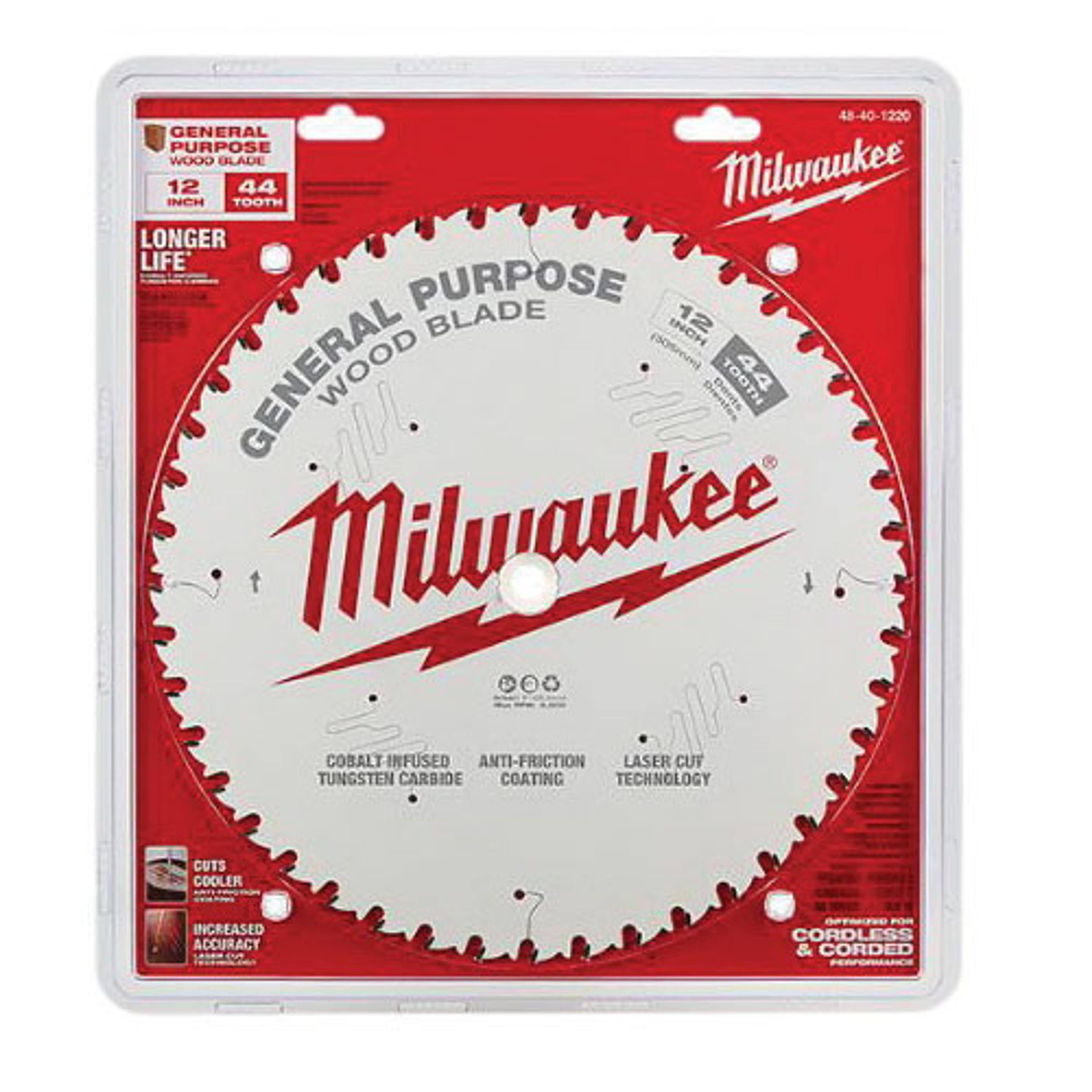 Milwaukee 48-40-1220 Circular Saw Blade, 12 in Dia, 1 in Arbor, 44-Teeth, Cobalt/Tungsten Carbide Cutting Edge