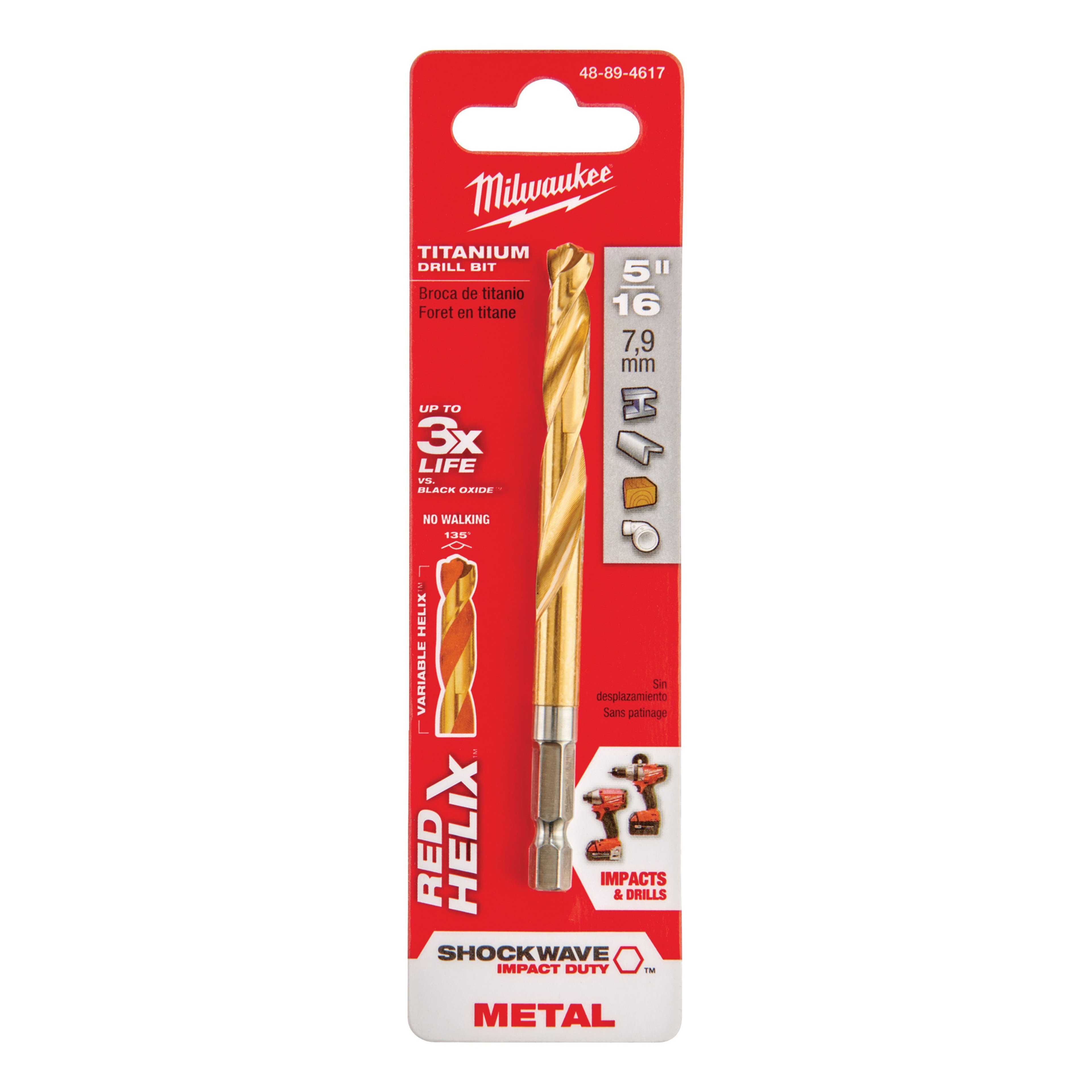 Milwaukee 48-89-4617 Impact Drill Bit, 5/16 in Dia, 4.37 in OAL, Twist Flute, 1/4 in Dia Shank, Hex Shank