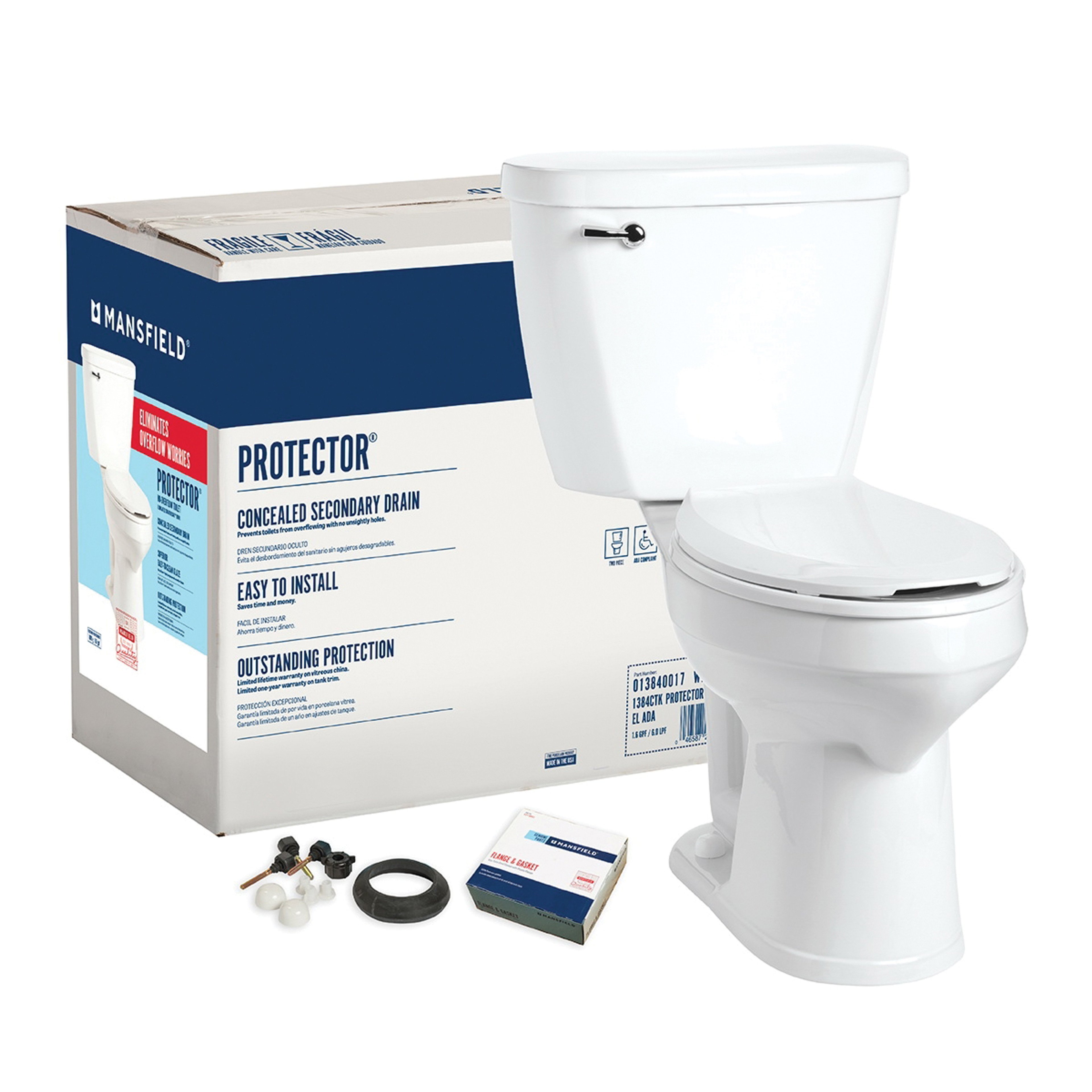 Mansfield SMARTHEIGHT Series 1384CTK Two-Piece Toilet Kit, Elongated Bowl, 1.6 gpf Flush, 12 in Rough-In, Vitreous China