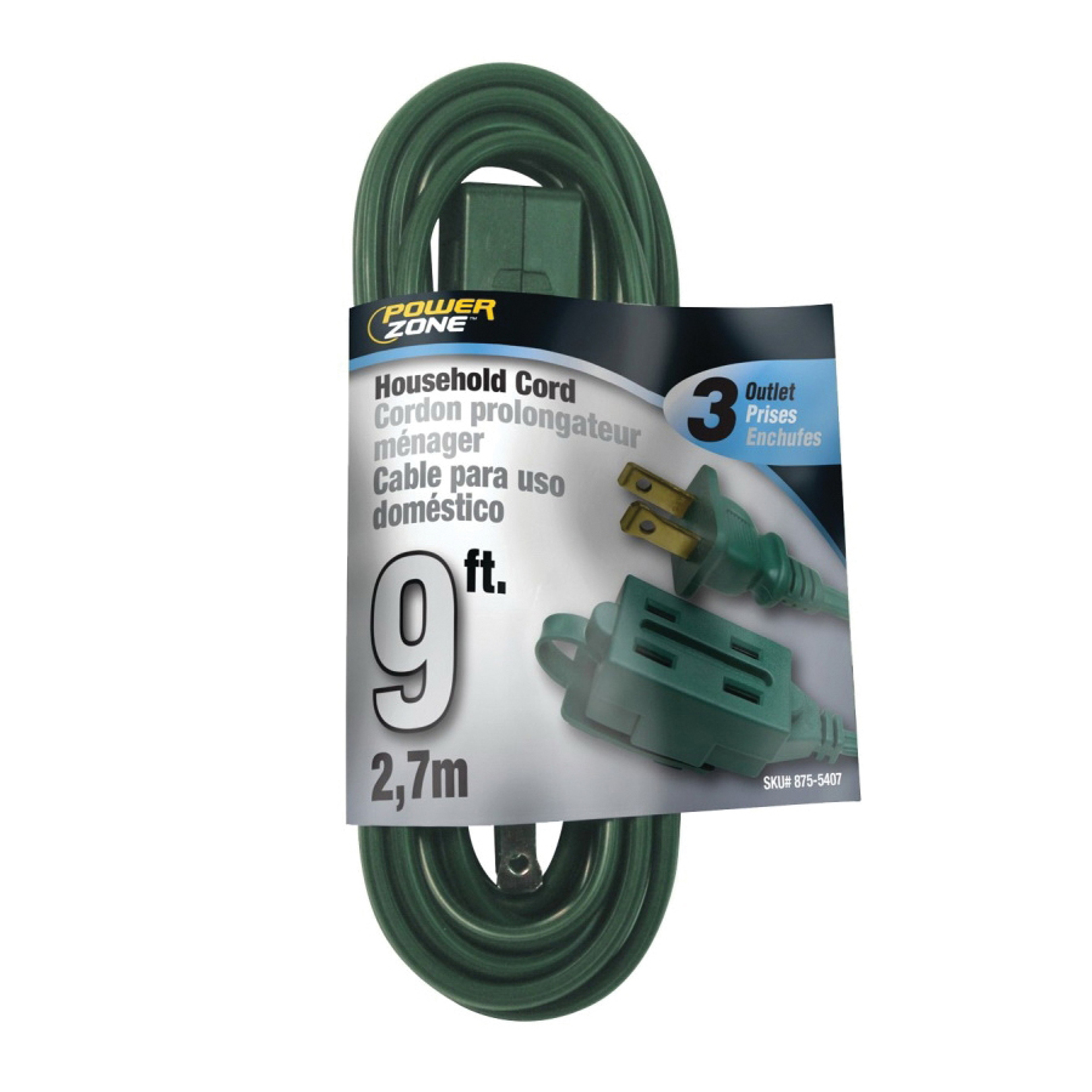 PowerZone OR780609 Extension Cord, 16 AWG Cable, 9 ft L, 125 V, Green