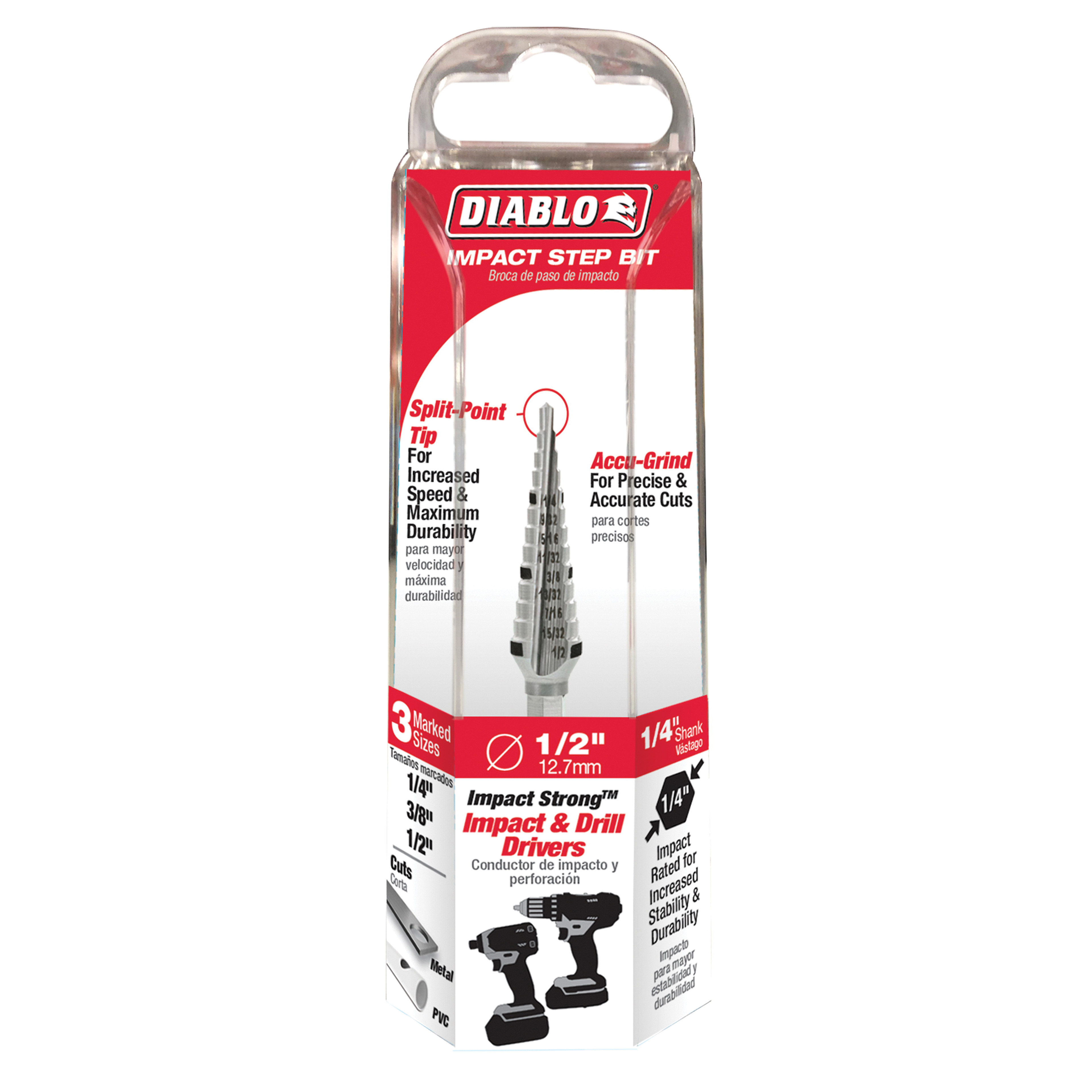 Diablo DSD0500S13 Step Drill Bit, 1/4 to 1/2 in Dia, 3-1/32 in OAL, Dual Flute, 1/4 in Dia Shank, Hex Shank
