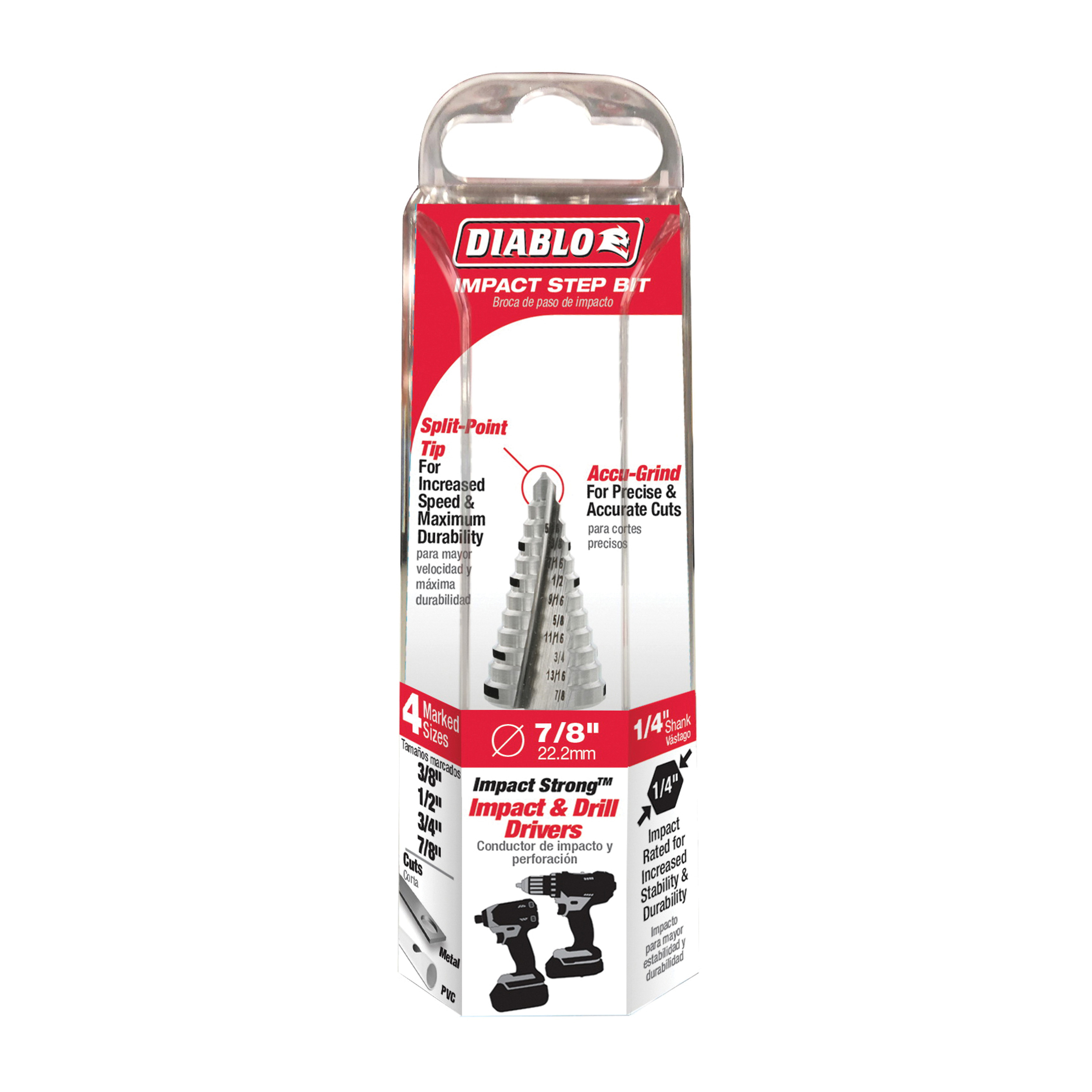 Diablo DSD0875S12 Step Drill Bit, 3/8 to 7/8 in Dia, 2-3/4 in OAL, Dual Flute, 1/4 in Dia Shank, Hex Shank