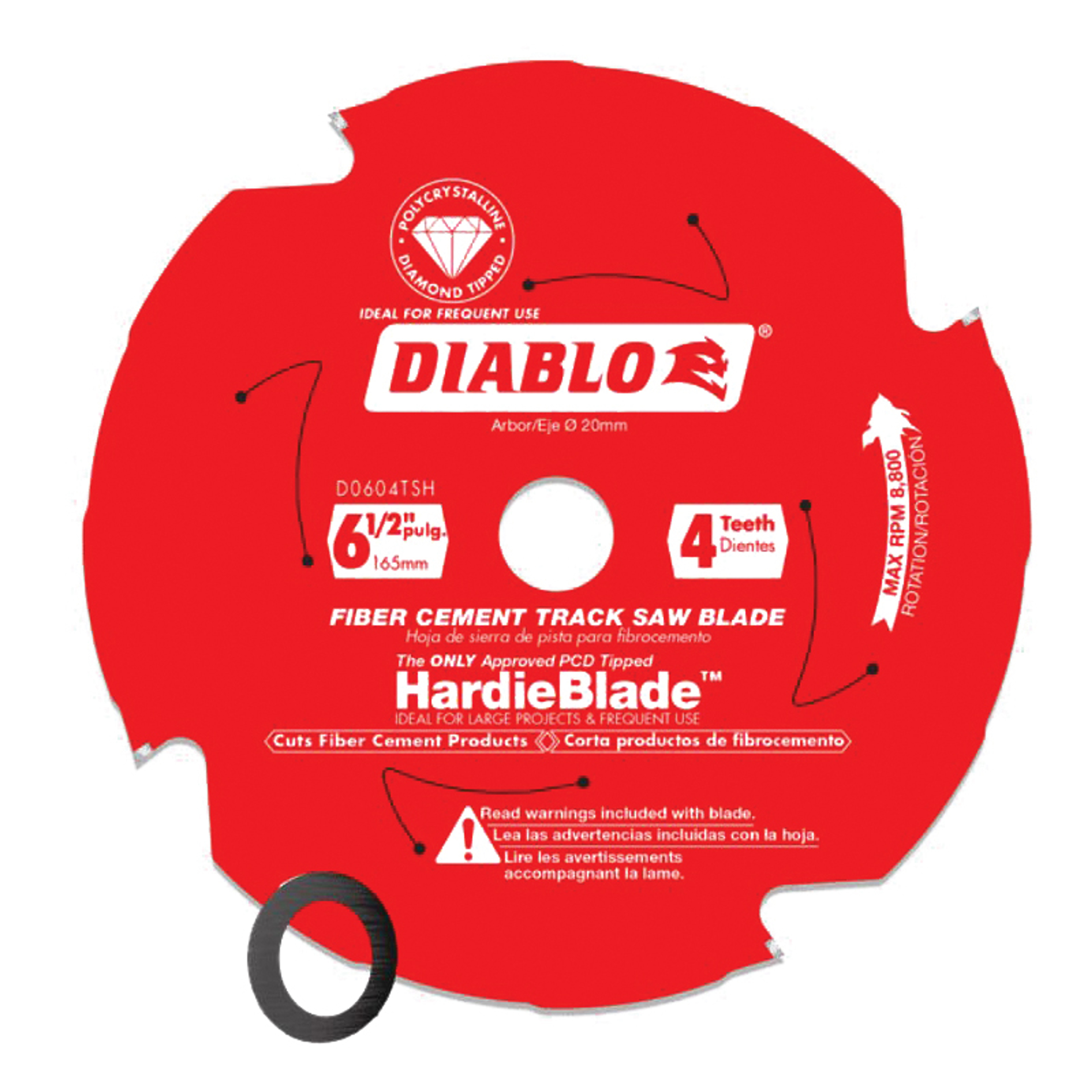Diablo D0604TSH Track Saw Blade, 6-1/2 in Dia, 20 mm Arbor, 4-Teeth, Polycrystalline Diamond Cutting Edge