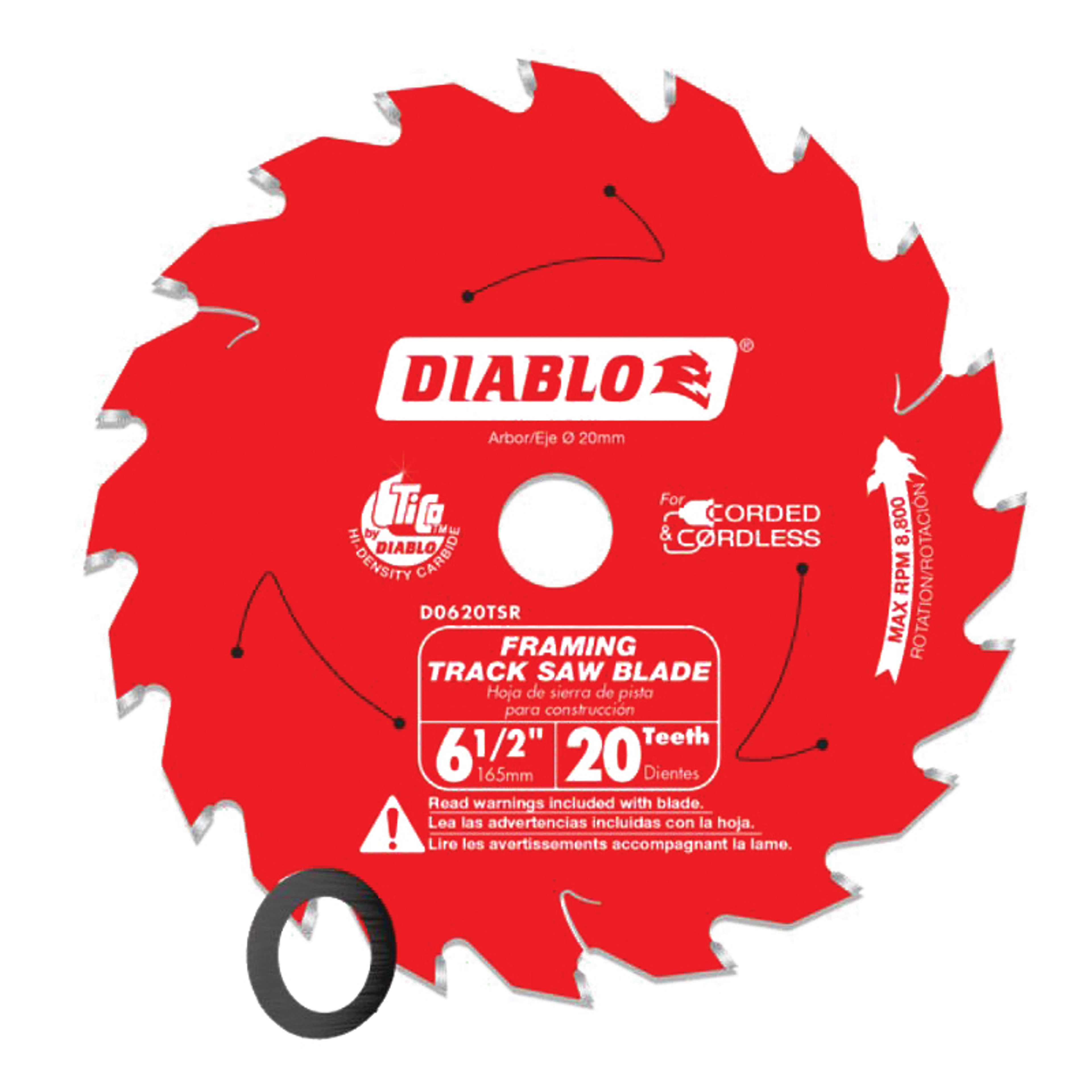 Diablo D0620TSR Track Saw Blade, 6-1/2 in Dia, 20 mm Arbor, 20-Teeth, Carbide Cutting Edge
