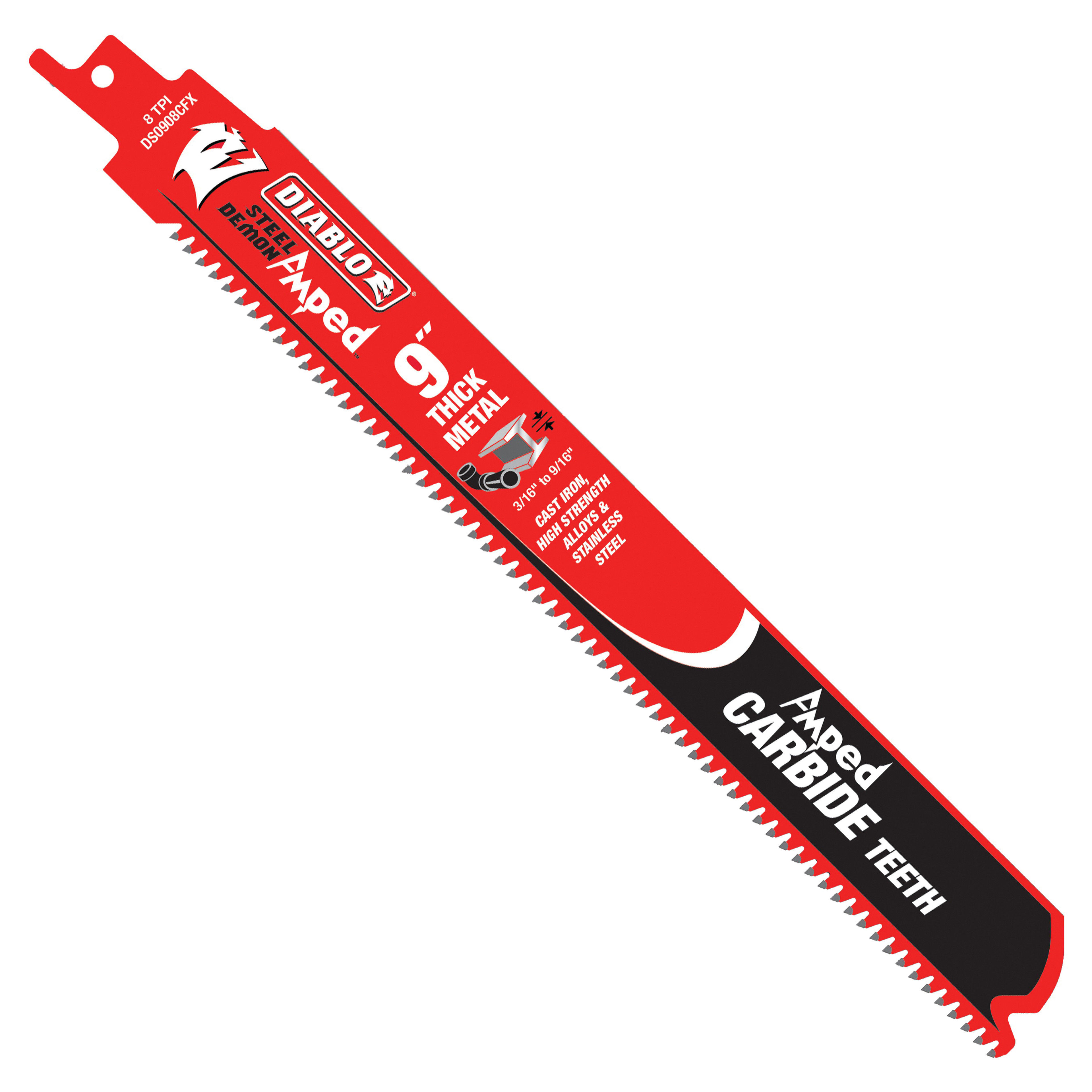 Diablo Steel Demon Amped DS0908CFA3 Reciprocating Saw Blade, 9 in L, 8 TPI, Carbide Cutting Edge