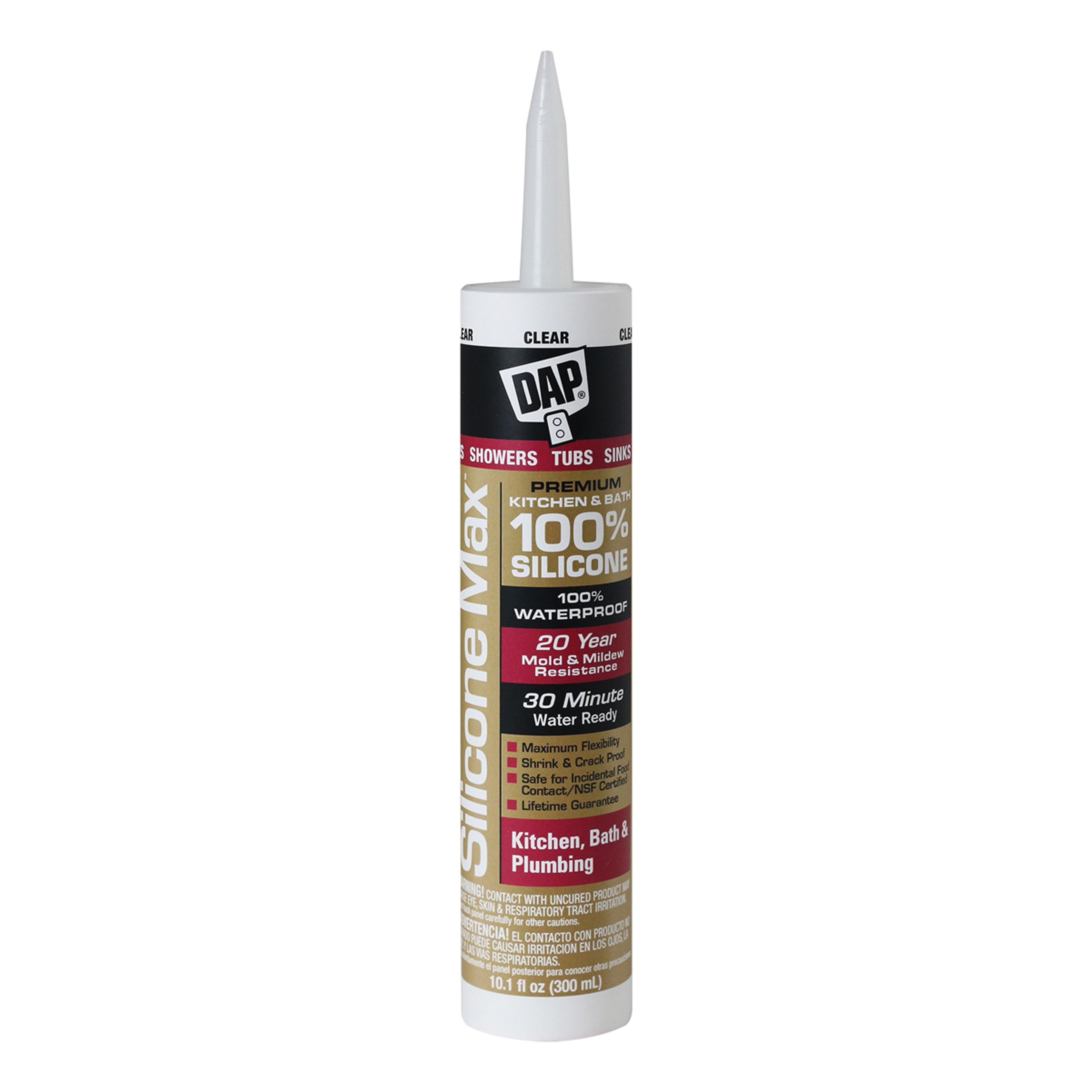 DAP SILICONE MAX 08668 Kitchen and Bath Sealant, Clear, 24 hr Curing, -35 to 140 deg F, 10.1 fl-oz Cartridge/Tube