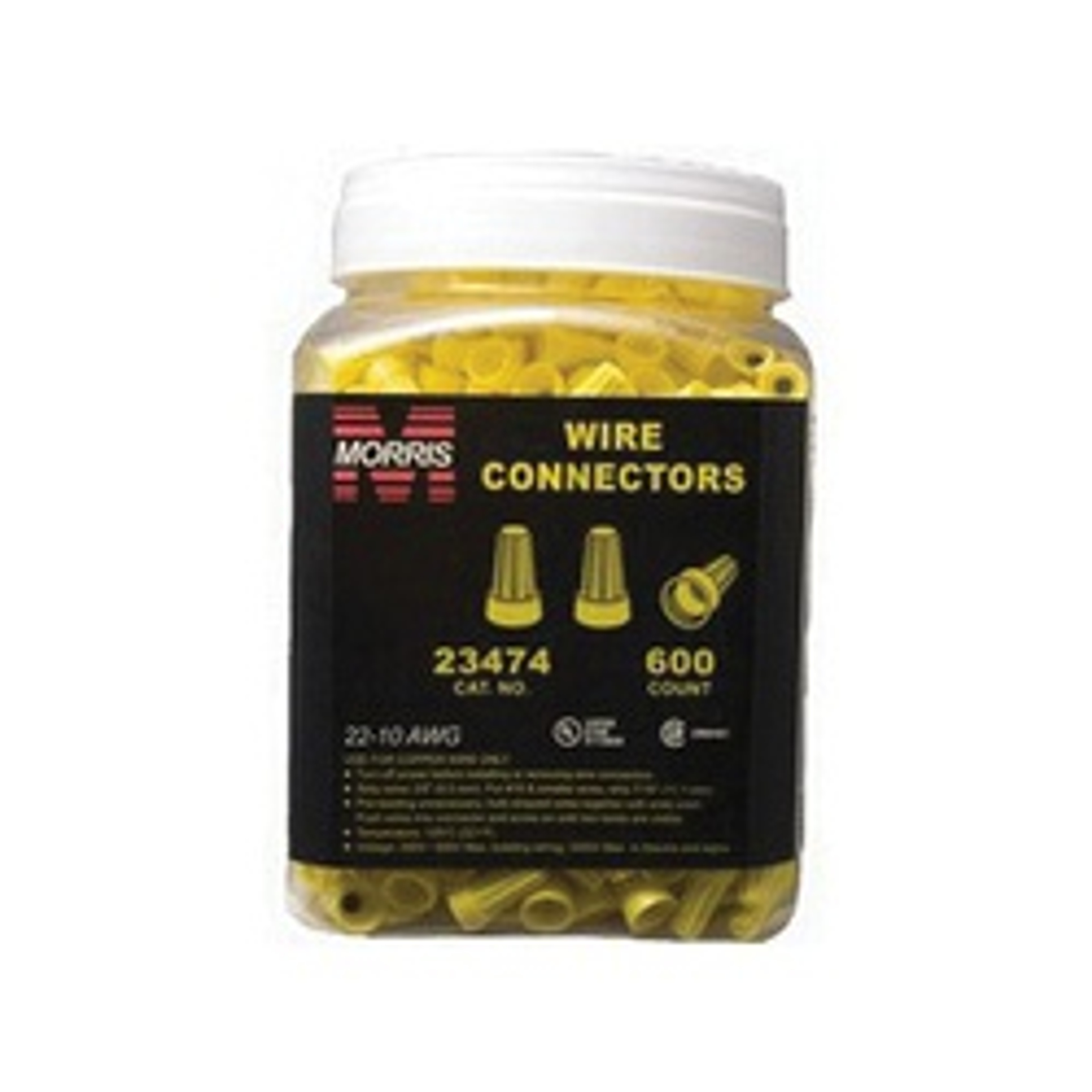Morris Products Inc 23474 Screw-On Wire Connector, 20 to 10 AWG Wire, Thermoplastic Housing Material, Yellow, 600/BX available at Hep Sales & North Main Lumber image number 1