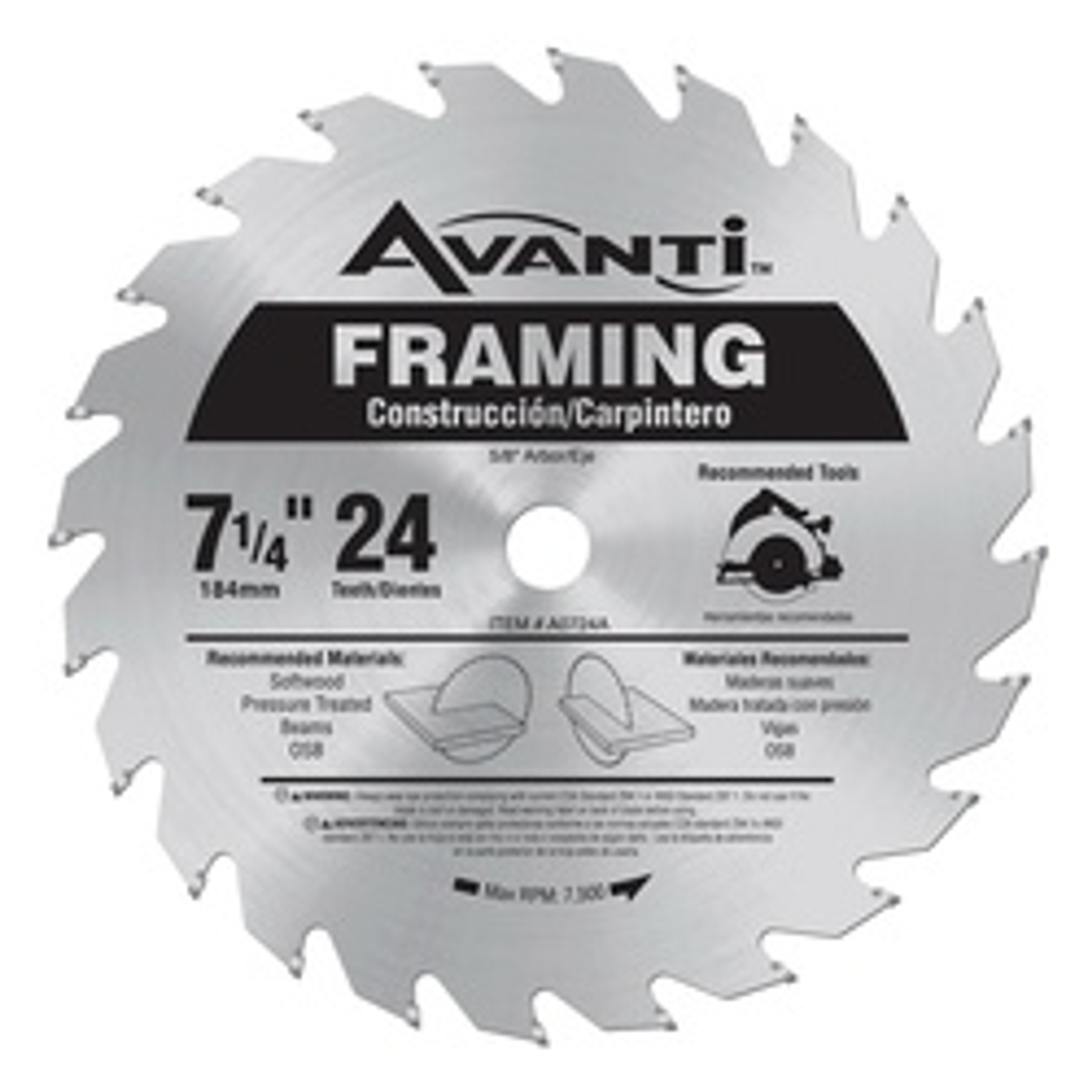 Avanti A0724A Circular Saw Blade, 7-1/4 in Dia, 5/8 in Arbor, 24-Teeth, Carbide Cutting Edge available at Hep Sales & North Main Lumber image number 1