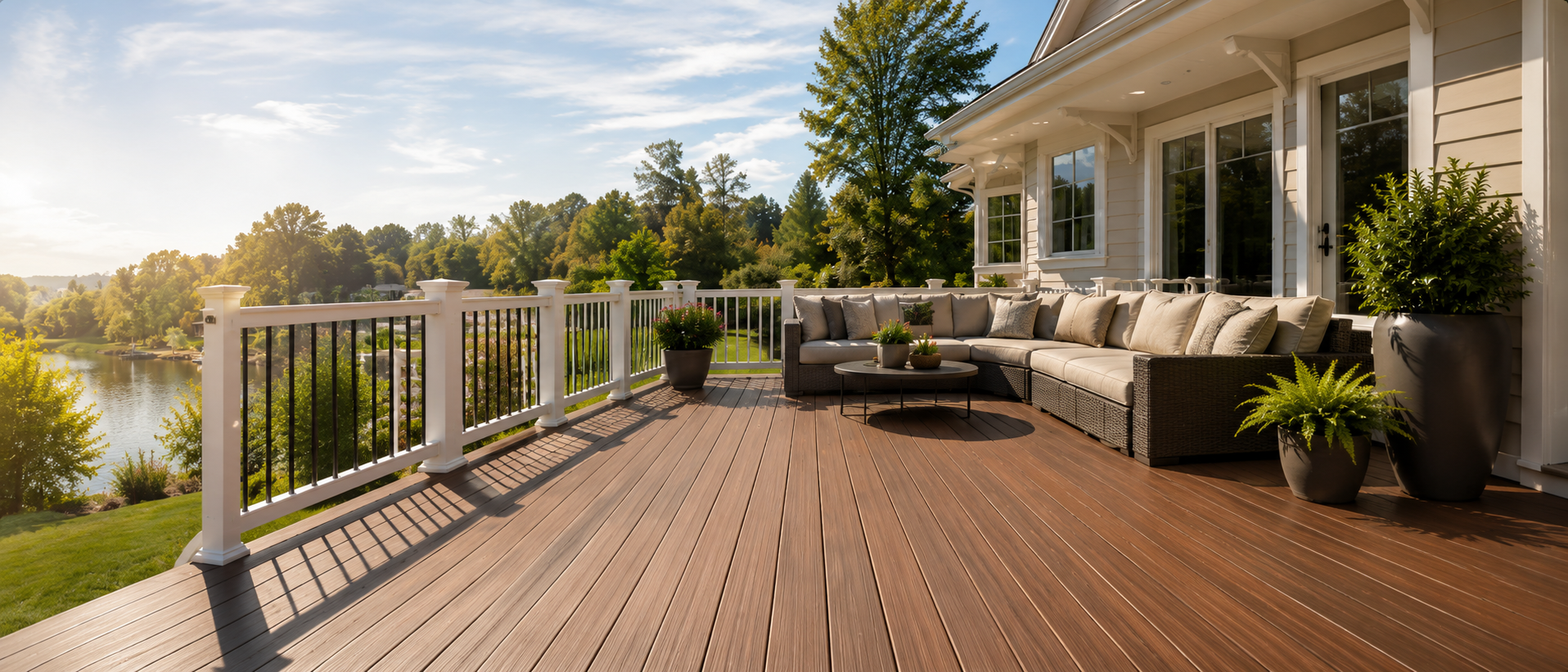 Backyard deck with outdoor seating and railing