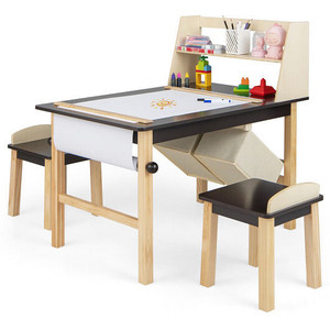 Kids Art Table and Chairs Set with Paper Roll and Storage Bins-Coffee B593-HY10122