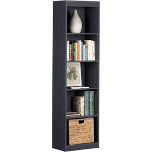 Narrow 5-Shelf Bookcase Slim Storage Shelving Unit Dark Blue Black Wood Finish Q280-SAFTNB1293284