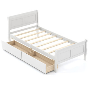 Twin Size Sleigh Bed with 2 Storage Drawers Wood Platform Bed Frame-White - Color: White - Size: Tw D681-HU11230WH-T Twin Size Sleigh Bed with 2 Storage Drawers Wood Platform Bed Frame-White - Color: White - Size: Tw D681-HU11230WH-T