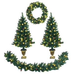 4 Pieces Christmas Decoration Set with Garland Wreath and Entrance Trees - Color: Green - Size: 4 ft D681-CM23599 4 Pieces Christmas Decoration Set with Garland Wreath and Entrance Trees - Color: Green - Size: 4 ft D681-CM23599