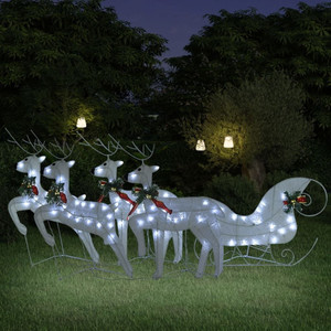 Reindeer And Sleigh Christmas Decoration Set of 4 White Mesh, Metal A949-3100429 Reindeer And Sleigh Christmas Decoration Set of 4 White Mesh, Metal A949-3100429