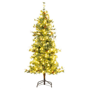 6 Feet Artificial Christmas Tree Pre-lit Hinged Xmas Tree with Warm White LED Lights and Pine Cones D681-CM25277US-S