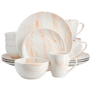 Elama Fine Marble 16 Piece Porcelain Dinnerware Set in Orange D970-EL-FINEMARBLE-O