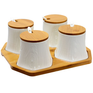 Elama Ceramic Spice, Jam and Salsa Jars with Bamboo Lids & Serving Spoons D970-EL-379