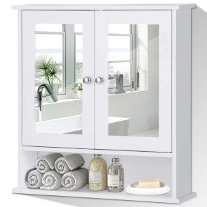 White Bathroom Wall Medicine Cabinet with Mirror and Open Shelf Q280-BWCDMEB5981874