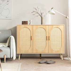 Modern Rattan Shoe Storage Cabinet with 3 Doors and Adjustable Shelves, Accent Cabinet for Living R T575-S0671435417