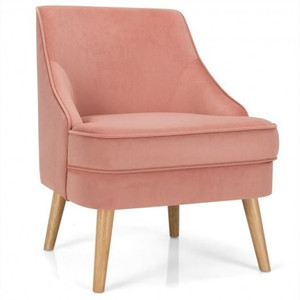 Mid Century Velvet Accent Chair with Rubber Wood Legs for Bedroom-Pink - Color: Pink D681-HW67579PK
