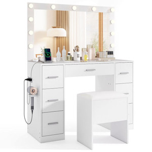 43.5-Inche Vanity Desk with Mirror and Lights for Bedroom-White B593-JV12518US