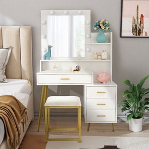 FCH Large Vanity Set with 9 LED Bulbs, Makeup Table with Cushioned Stool, 3 Storage Shelves 4 Drawe T575-S0671348027