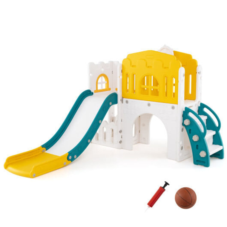 9-in-1 Toddler Slide L-Shaped with Basketball Hoop and Steering Wheel-Yellow - Color: Yellow D681-UY10152YW