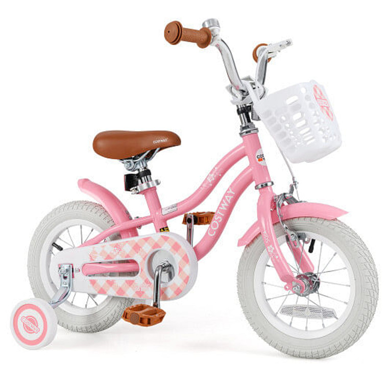 12 Inch Kids Bike with Training Wheels and Basket for Boys Girls 3-4 Years Old - Color: Peach - Siz D681-TS10086RE-12