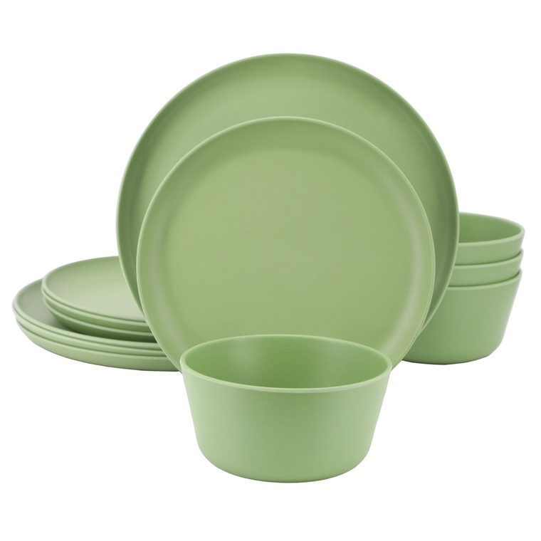 Gibson Home Fairhope 12 Piece Melamine Round Dinnerware Set in Matte Green D970-144615.12