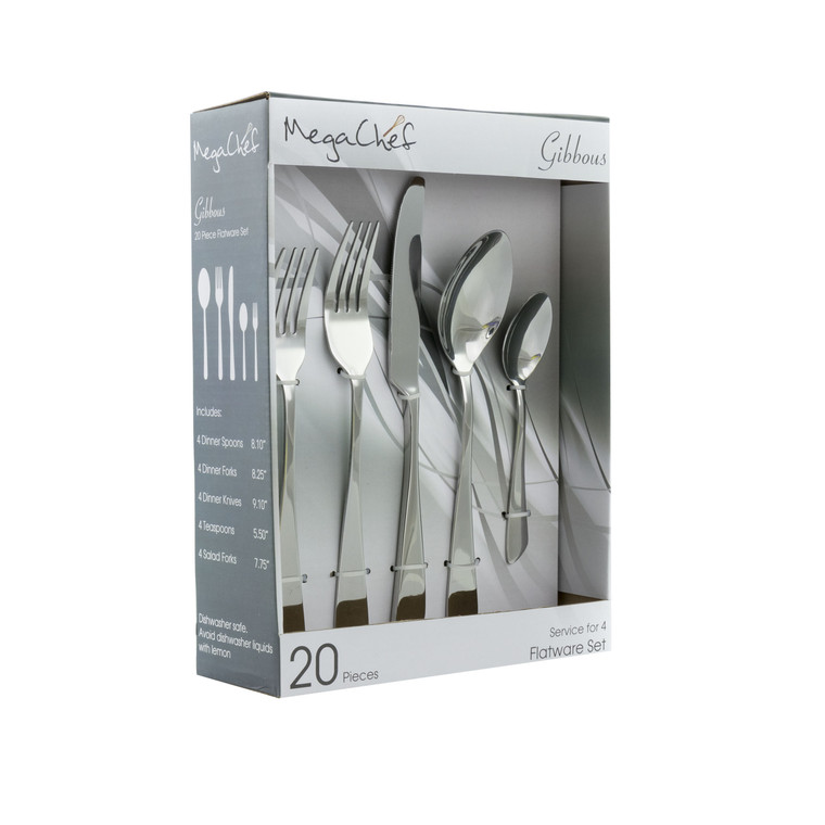 MegaChef Gibbous 20 Piece Flatware Utensil Set, Stainless Steel Silverware Metal Service for 4 in S D970-MCFW-GIBBOUS-SILVER
