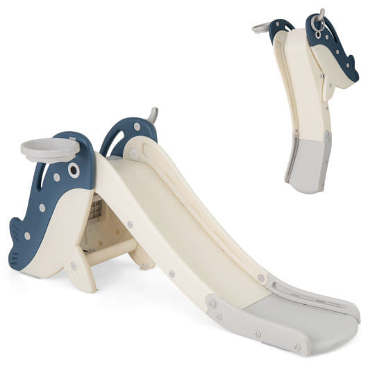 Foldable Freestanding Baby Slide Climber Playset with Basketball Hoop for Kids-Blue B593-TY357496