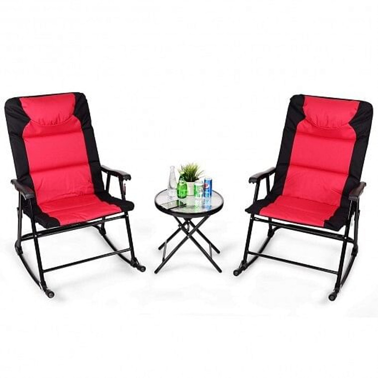 3 Pcs Outdoor Folding Rocking Chair Table Set with Cushion-Black&Red - Color: Red D681-OP3638RE