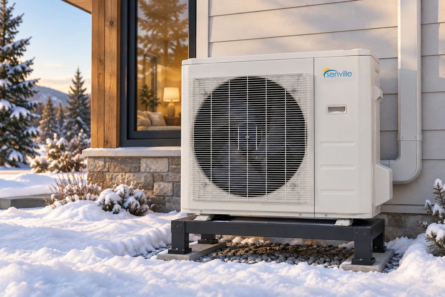 Senville AURA outdoor heat-pump unit installed beside a home in winter