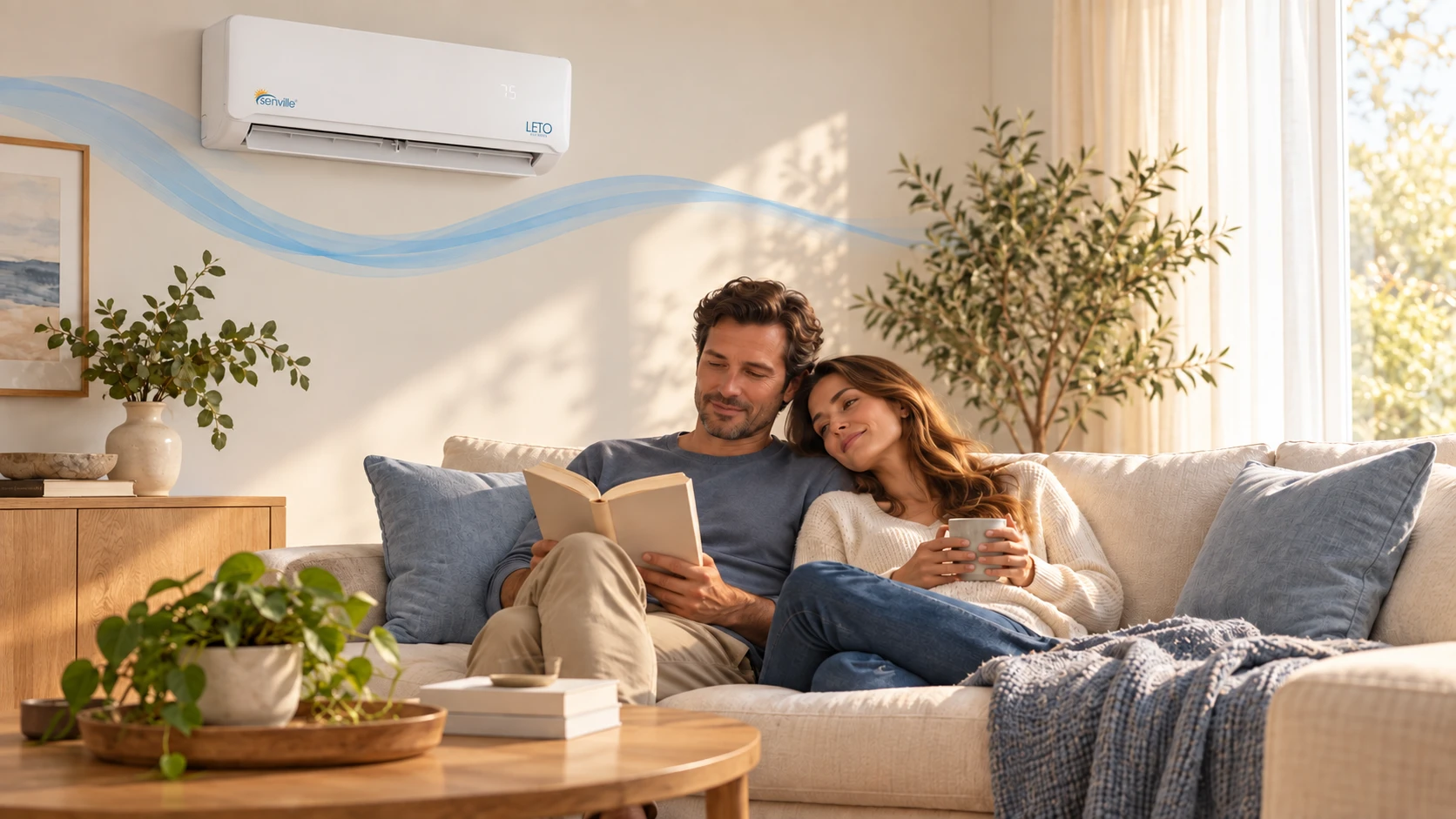 Climatiseur mural Senville diffusant l'air dans un salon