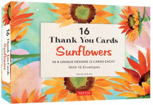 16 Thank You Cards, Sunflowers: 4 1/2 x 3 inch blank cards in 8 Lovely Designs (2 each) with 16 Envelopes