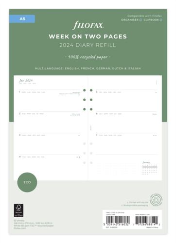 Filofax A5 Eco Week On Two Pages 2024 Diary With Tabs