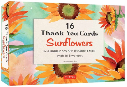 16 Thank You Cards, Sunflowers: 4 1/2 x 3 inch blank cards in 8 Lovely Designs (2 each) with 16 Envelopes