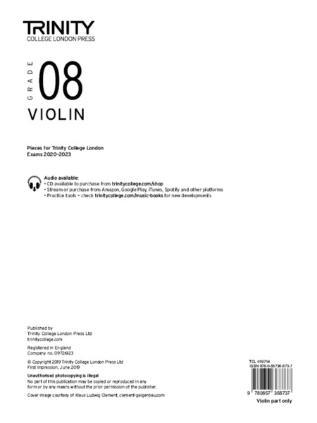 Trinity College London Violin Exam Pieces 2020-2023: Grade 8 (Part Only)