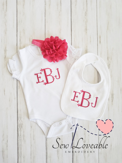 Monogrammed bodysuit and Bib Set with Scalloped Fishtail Monogram Font