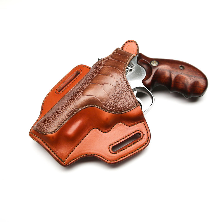 This is a Revolver holster with Ostrich Leg accent.  This is one of our nicer holsters and was made for one of the partners here.  We can do brown or black in Ostrich Leg.