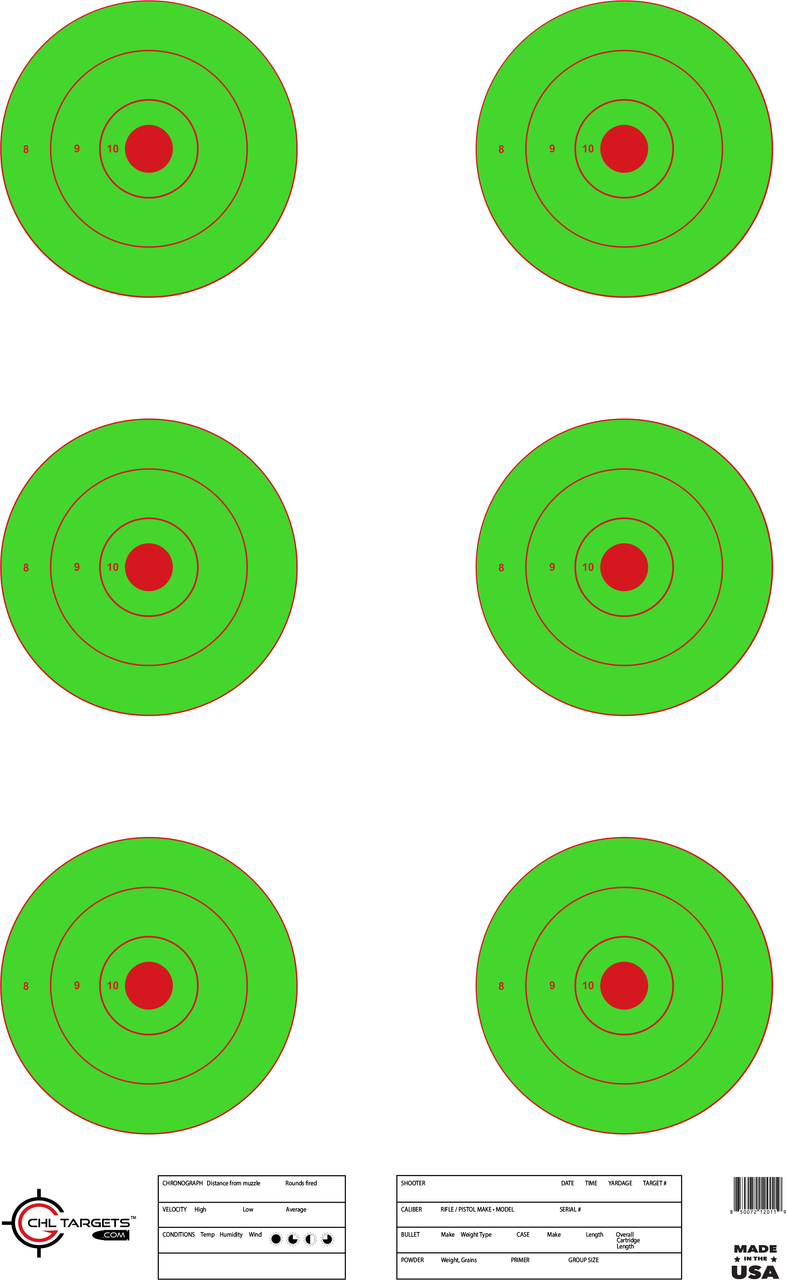 SRT 6-Up Bullseye Targets (3 Rings) Green – 100 Pack | CHL Targets